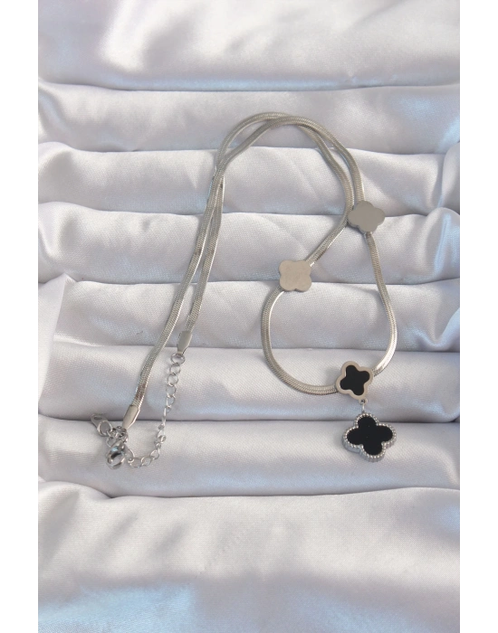 ® 316L Çelik Gümüş Renk İtalyan Zincirli Mineli Yonca Kolye