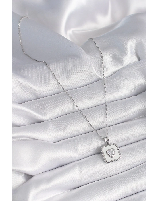 ® 316L Çelik Gümüş Renk Kare Madalyon Kalp Zirkon Taş İşleme Kadın Kolye