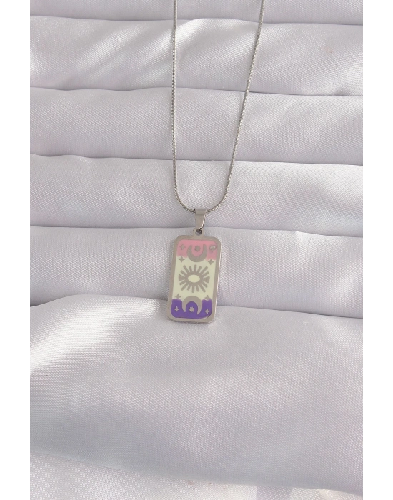 ® 316L Çelik Gümüş Renk Karışık Mineli Ay Figür Tarot Kolye