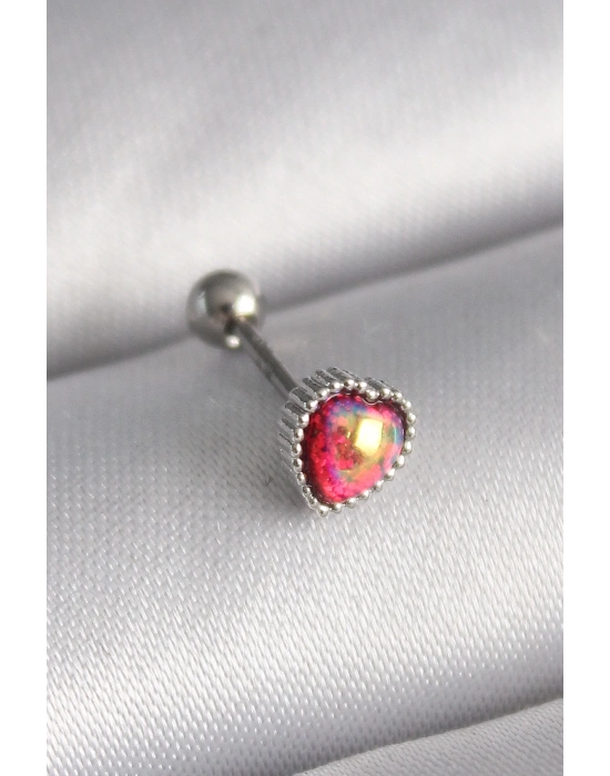 ® 316L Çelik Gümüş Renk Kırmızı Mineli Kalp Tragus Piercing