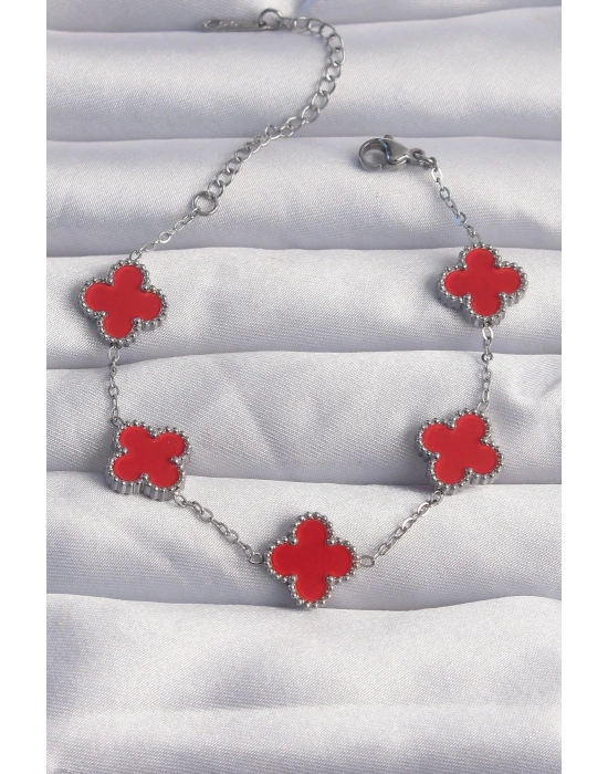 ® 316L Çelik Gümüş Renk Kırmızı Mineli Yonca Bileklik