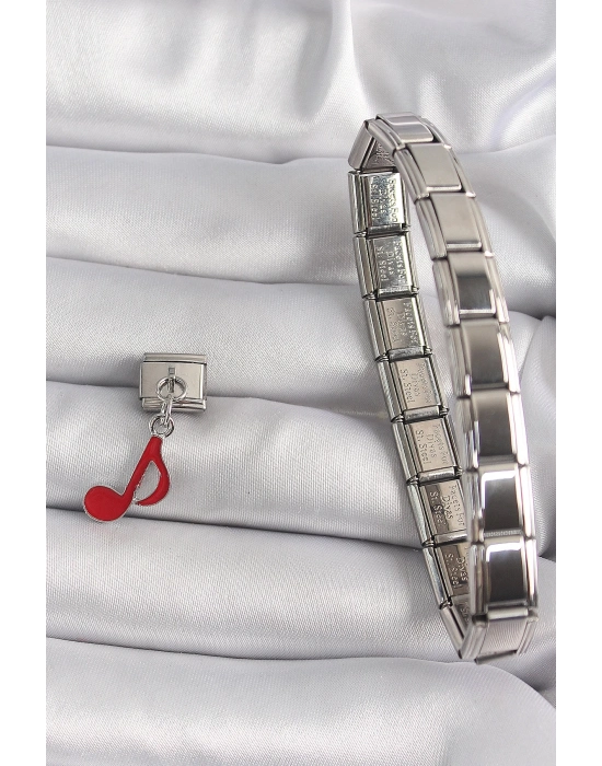 ® 316L Çelik Gümüş Renk Kırmızı Nota Model Nomination Charm