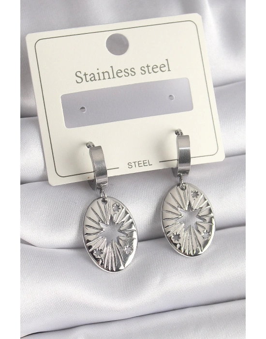 ® 316L Çelik Gümüş Renk Kutup Yıldızı İşleme Kadın Küpe