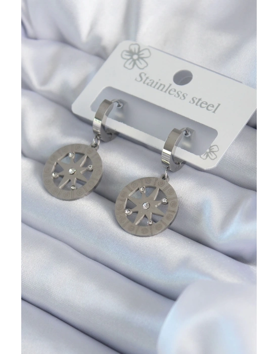 ® 316L Çelik Gümüş Renk Kutup Yıldızı Model Zirkon Taş İşleme Detay Kadın Küpe