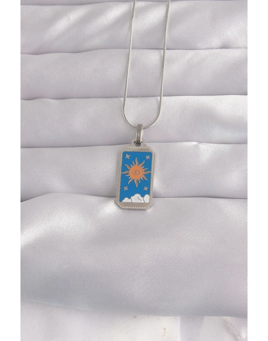 ® 316L Çelik Gümüş Renk Mavi Mineli Güneş Model Tarot Kolye