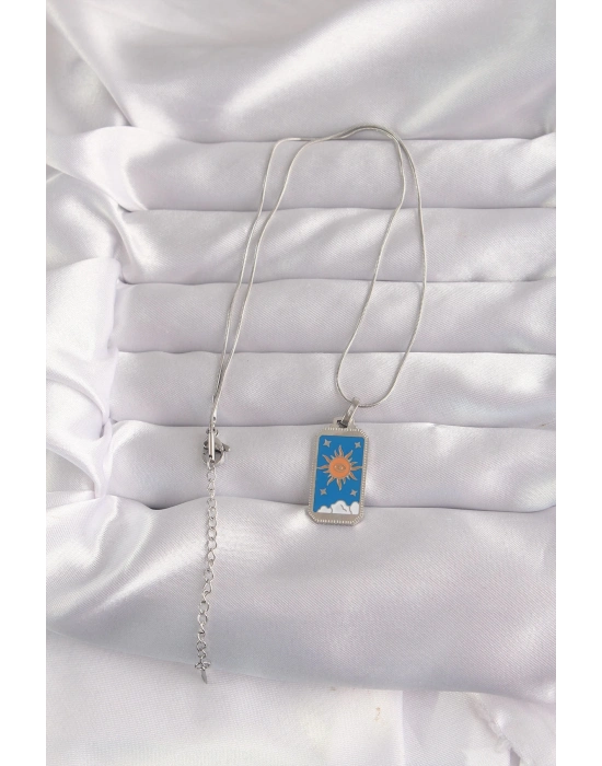 ® 316L Çelik Gümüş Renk Mavi Mineli Güneş Model Tarot Kolye