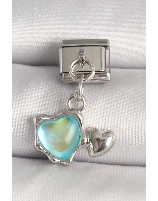 ® 316L Çelik Gümüş Renk Mavi Mineli Kalp Model Nomination Charm