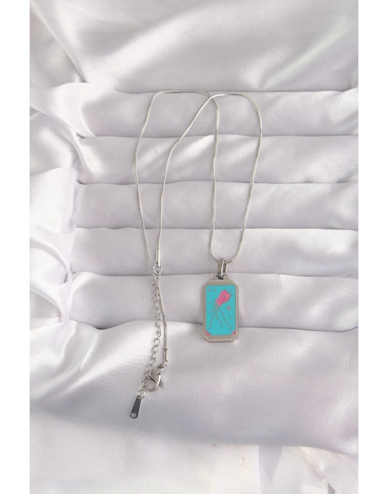 ® 316L Çelik Gümüş Renk Mavi Mineli Tarot Kolye