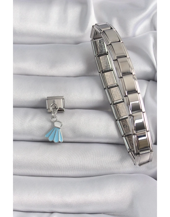 ® 316L Çelik Gümüş Renk Mavi Renk Sallantı Elbise Model Nomination Charm