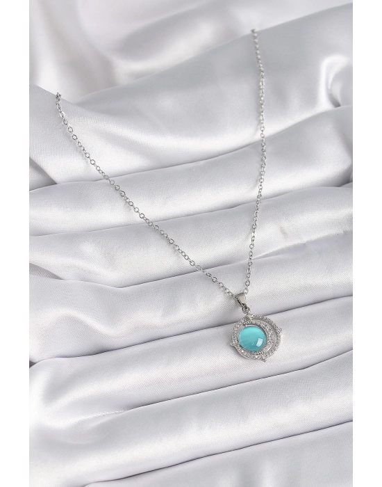 ® 316L Çelik Gümüş Renk Mavi Sedefli Hilal Model Kadın Kolye