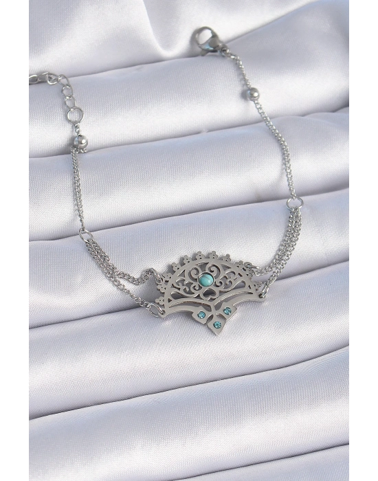 ® 316L Çelik Gümüş Renk Mavi Taşlı Etnik Desen Kadın Bileklik