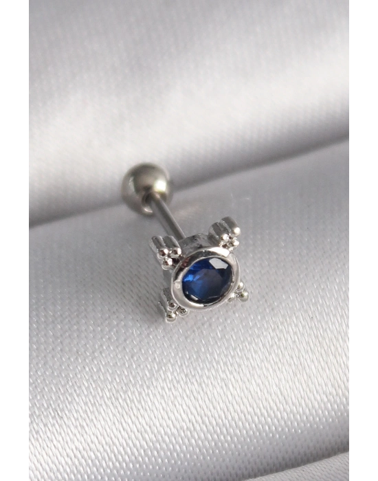 316L Çelik Gümüş Renk Mavi Zirkon Taşlı Tragus Piercing