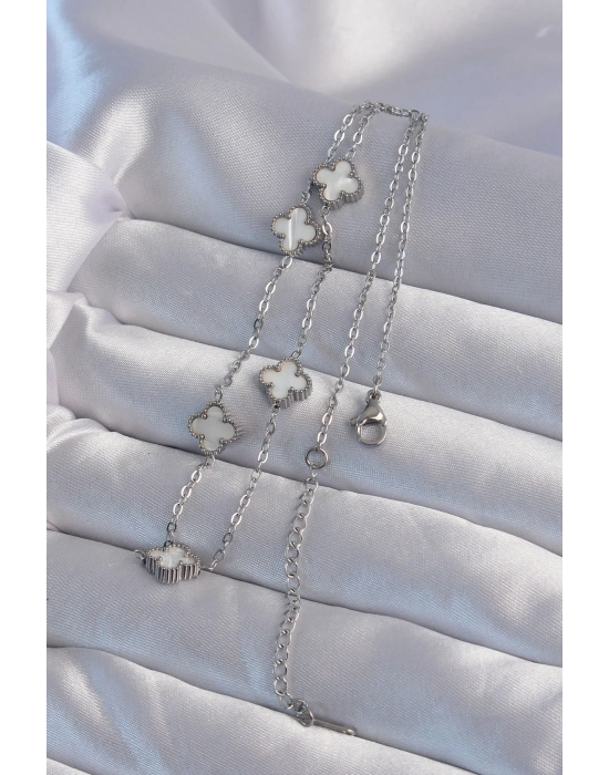 ® 316L Çelik Gümüş Renk Minimal Beyaz Sedefli Yonca Kolye