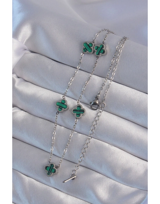 ® 316L Çelik Gümüş Renk Minimal Yeşil Mineli Yonca Kolye