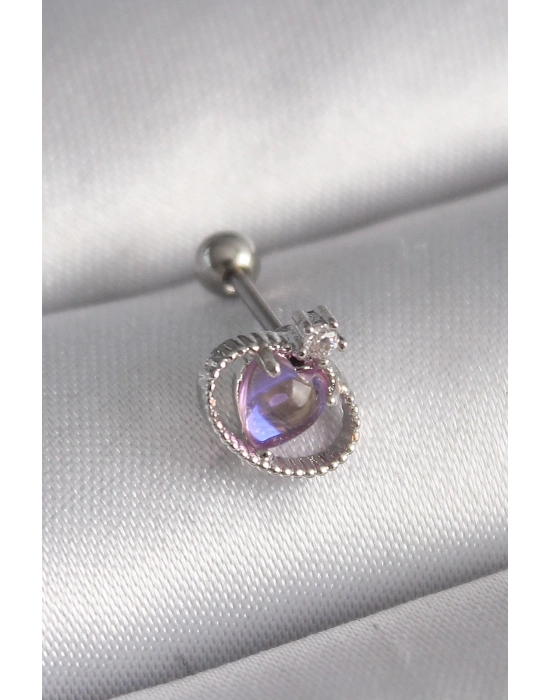 ® 316L Çelik Gümüş Renk Mor Mineli Kalp Zirkon Taş Detay Tragus Piercing