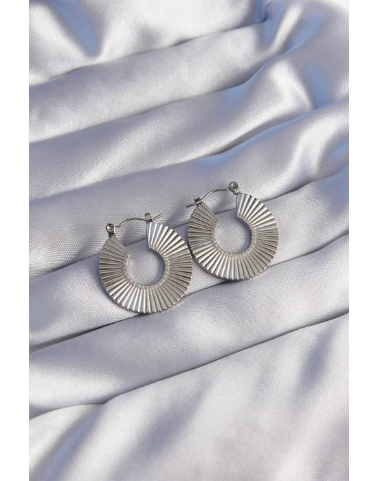 ® 316L Çelik Gümüş Renk Oval Çizgili Plaka Küpe