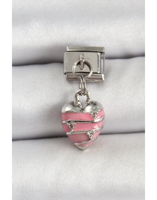 ® 316L Çelik Gümüş Renk Pembe Kalp Model Nomination Charm