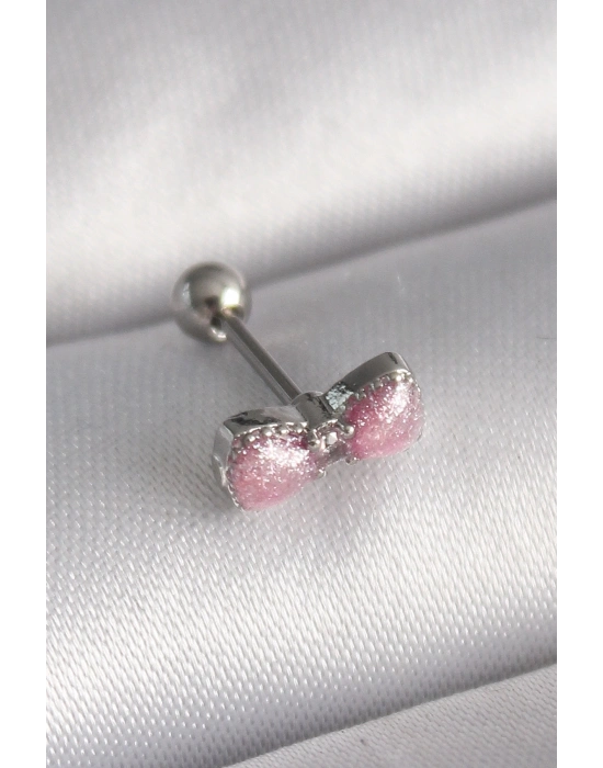 ® 316L Çelik Gümüş Renk Pembe Kurdele Zirkon Taş Detay Tragus Piercing