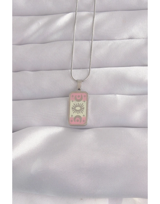 ® 316L Çelik Gümüş Renk Pembe Mineli Ay Figür Tarot Kolye