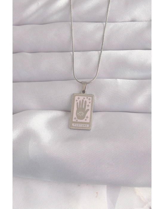 ® 316L Çelik Gümüş Renk Pembe Mineli El Figür Tarot Kolye