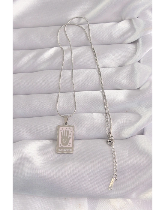 ® 316L Çelik Gümüş Renk Pembe Mineli El Figür Tarot Kolye