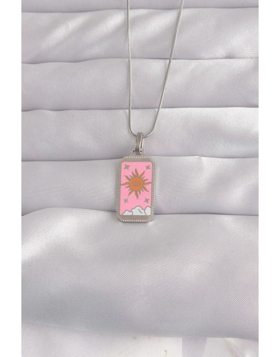® 316L Çelik Gümüş Renk Pembe Mineli Güneş Model Tarot Kolye
