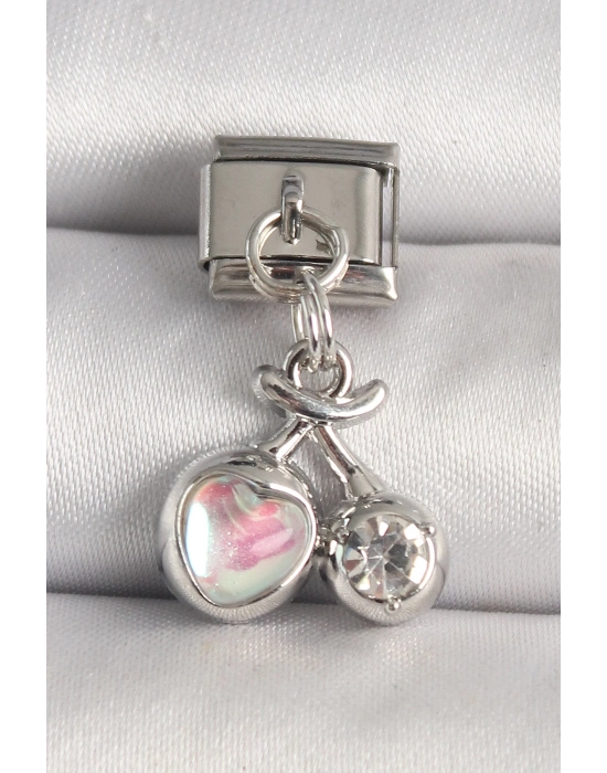 ® 316L Çelik Gümüş Renk Pembe Mineli Kalp Zirkon Taş Detay Nomination Charm