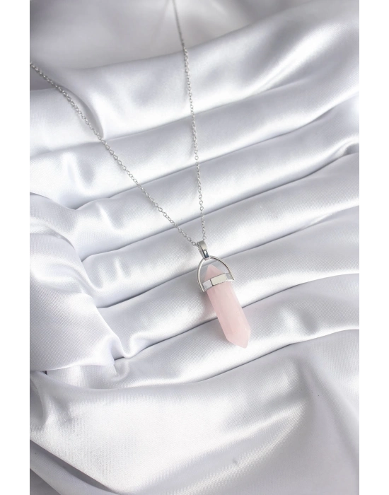 ® 316L Çelik Gümüş Renk Pembe Taşlı Kadın Kolye