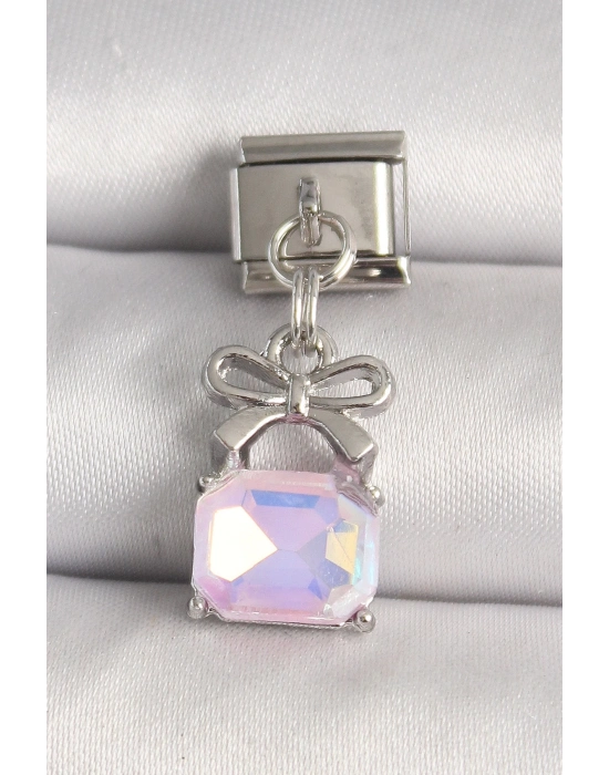 ® 316L Çelik Gümüş Renk Pembe Zirkon Taşlı Çanta Model Nomination Charm