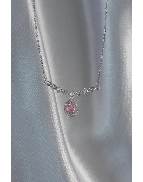 ® 316L Çelik Gümüş Renk Pembe Zirkon Taşlı Damla Kolye