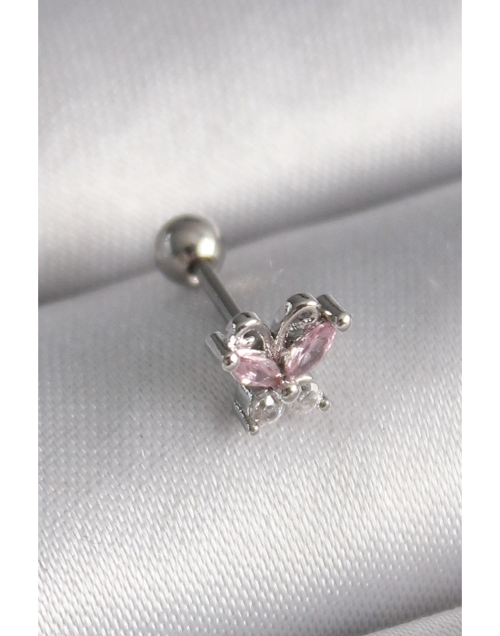 ® 316L Çelik Gümüş Renk Pembe Zirkon Taşlı Kelebek Tragus Piercing