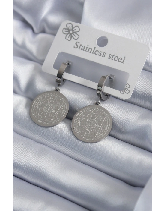 ® 316L Çelik Gümüş Renk Pentagram Yıldızı İşleme Kadın Küpe