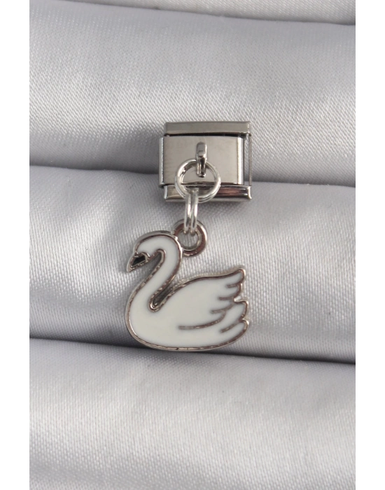 ® 316L Çelik Gümüş Renk Sallantı Beyaz Kuğu Model Nomination Charm