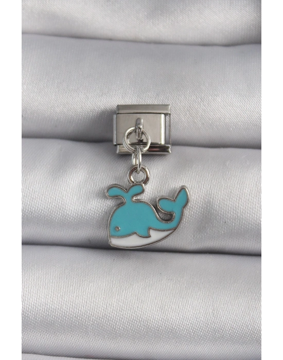 ® 316L Çelik Gümüş Renk Sallantı Mavi Balina Model Nomination Charm