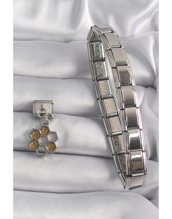 ® 316L Çelik Gümüş Renk Sallantı Simli Bal Beteği Model Nomination Charm