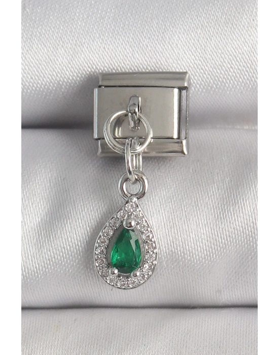® 316L Çelik Gümüş Renk Sallantı Yeşil Zirkon Taşlı Damla Model Nomination Charm