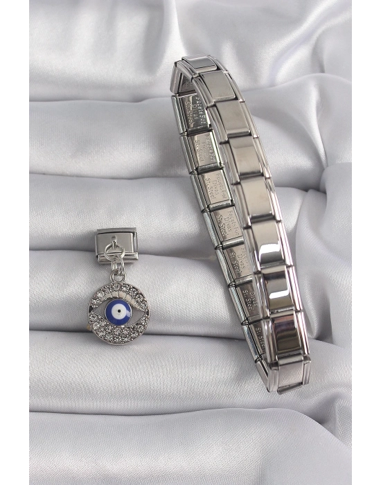 ® 316L Çelik Gümüş Renk Sallantı Zirkon Taşlı Göz Model Nazar Boncuk Detay Nomination Charm
