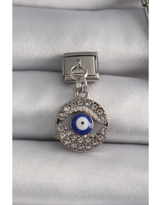® 316L Çelik Gümüş Renk Sallantı Zirkon Taşlı Göz Model Nazar Boncuk Detay Nomination Charm