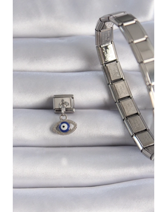 ® 316L Çelik Gümüş Renk Sallantılı Göz Figür Nazar Boncuk Detay Nomination Charm