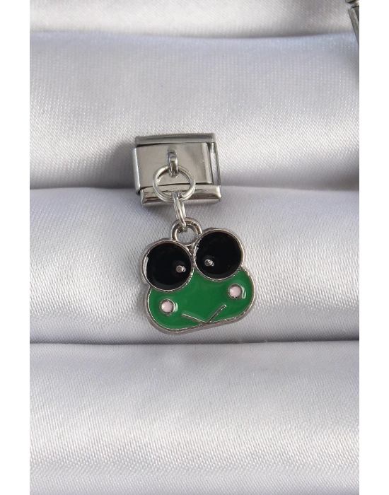 ® 316L Çelik Gümüş Renk Sallantılı Yeşil Kurbağa Figür Nomination Charm