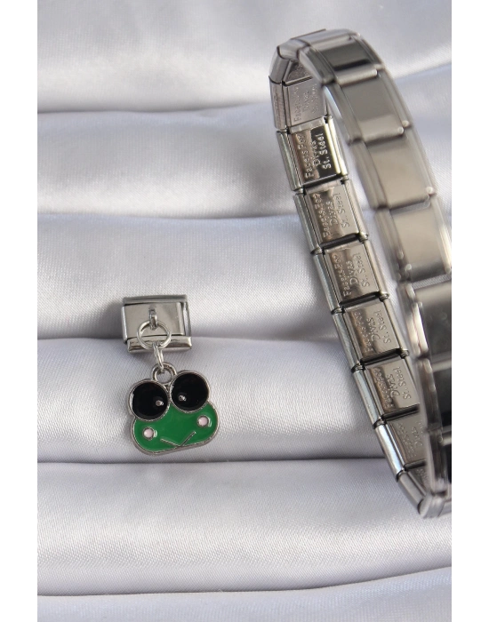 ® 316L Çelik Gümüş Renk Sallantılı Yeşil Kurbağa Figür Nomination Charm