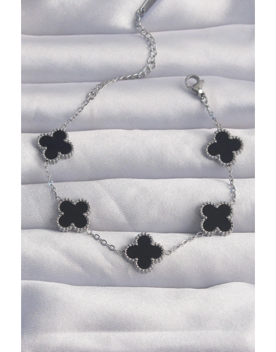 ® 316L Çelik Gümüş Renk Siyah Mineli Yonca Bileklik