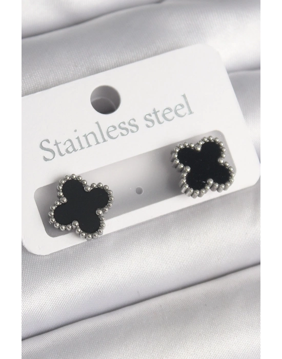 ® 316L Çelik Gümüş Renk Siyah Yonca Model Kadın Küpe