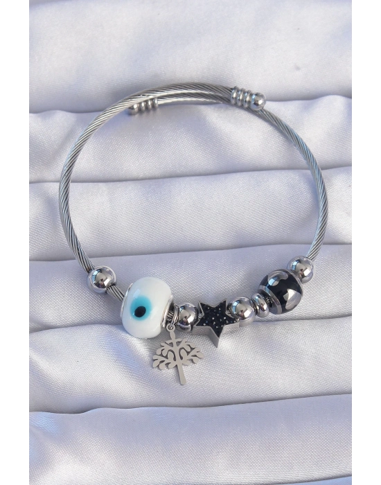 ® 316L Çelik Gümüş Renk Siyah Zirkon Taşlı Yıldız Tasarımlı Ağaç Detay Nazarlı Charm Bileklik