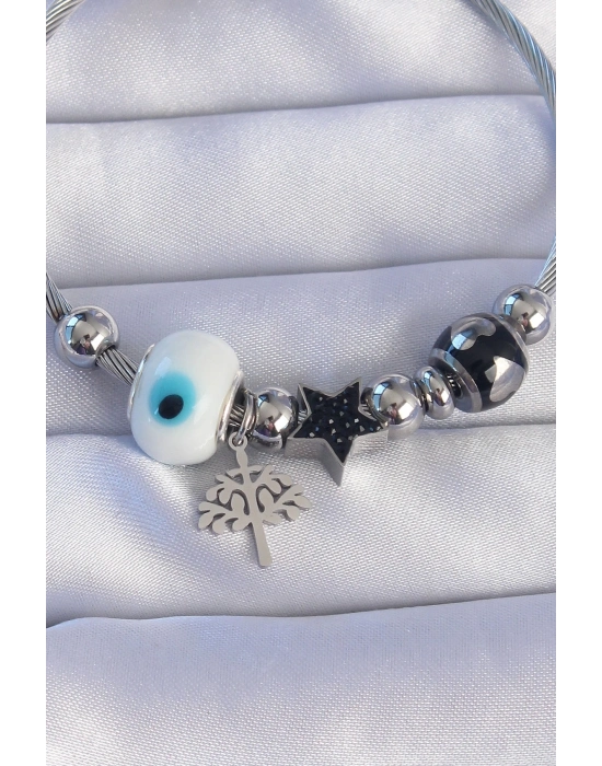 ® 316L Çelik Gümüş Renk Siyah Zirkon Taşlı Yıldız Tasarımlı Ağaç Detay Nazarlı Charm Bileklik