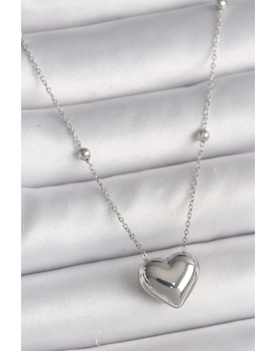 ® 316L Çelik Gümüş Renk Topçuk Detay Zincir Kalp Model Kadın Kolye