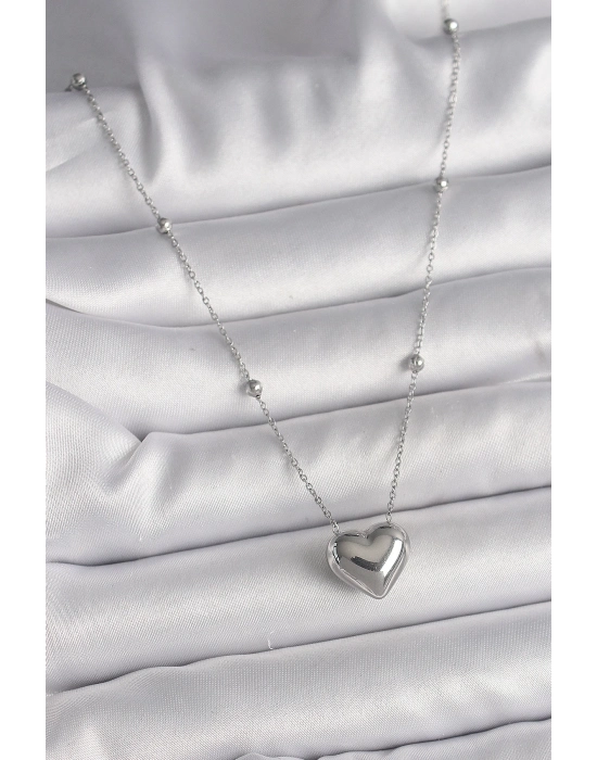 ® 316L Çelik Gümüş Renk Topçuk Detay Zincir Kalp Model Kadın Kolye