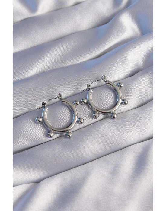 ® 316L Çelik Gümüş Renk Topçuk Tasarımlı Oval Küpe