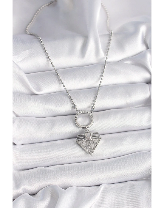 ® 316L Çelik Gümüş Renk Topçuk Zincir Zirkon Taşlı Üçgen Model Kadın Kolye