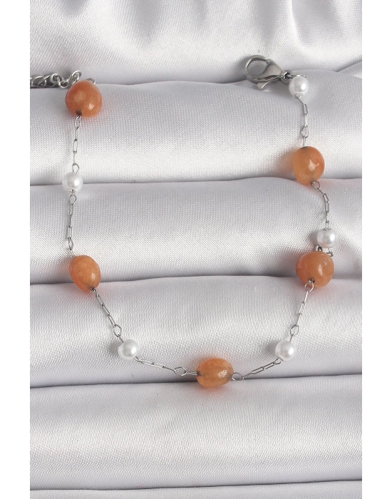 ® 316L Çelik Gümüş Renk Turuncu Doğaltaş Model İnci Detay Kadın Bileklik